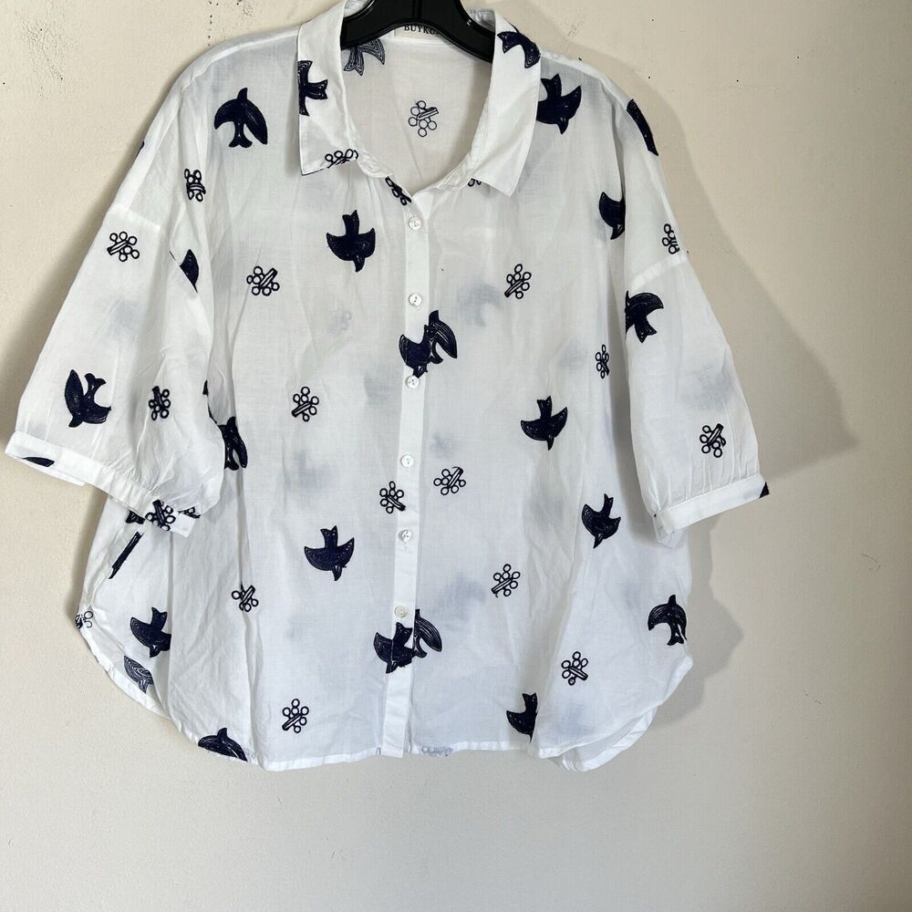 BUYKUD Loose Fitting Top Blouse Button Front 2XL White Blue Birds Embroidered